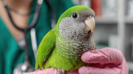 Female vet inspecting a green Quaker parrot at the clinic
