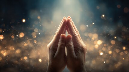 Hands in prayer seeking blessings amidst shining lights