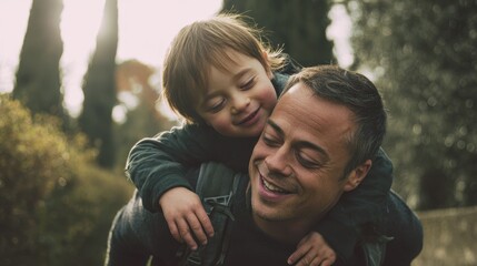 Fototapeta premium Joyful father with son who has Down syndrome in the park