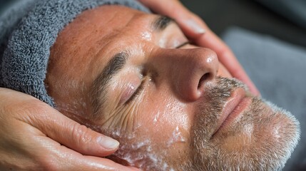 Middle aged man receiving a deep facial cleanse in a beauty clinic