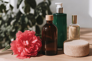 Seasonal Flowers Emerging From Reclaimed Packaging With Reflective Liquid, Environmental Awareness Still Life, Sustainability Concept, Responsible Consumption