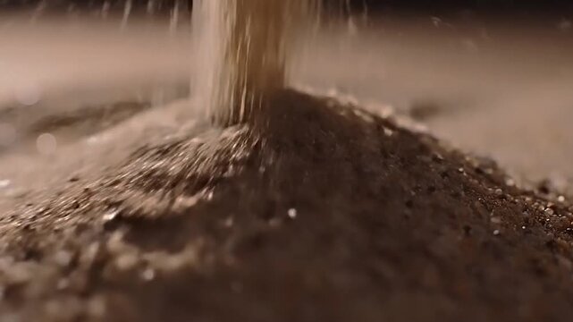 Close-up of sand or soil falling onto a pile.