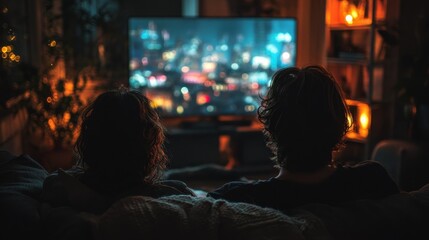 Obraz premium Partners Viewing TV at Night Screen
