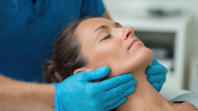 Physiotherapist is performing an intraoral massage on the masseter muscle