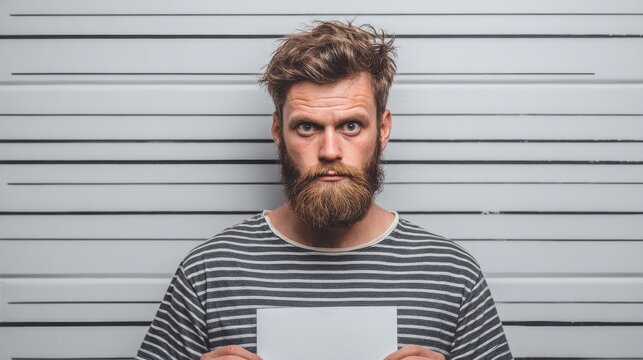Police photo of detained man next to height measure with ID blank