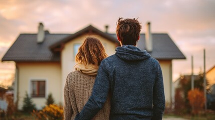 Naklejka premium Rear view of a young couple by their new home