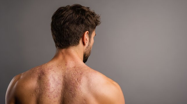 Rear view of a man with dermatitis and itchy dry skin