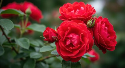 Fototapeta premium Vibrant red roses blooming in a garden with green leaves and soft focus background.