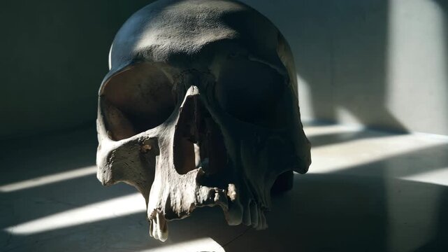 Ultra HD Human skull with dramatic light and shadow play, casting strong patterns on the surface and background, anatomical study video