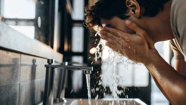 Man washing his face with water at bathroom sink in modern setting  