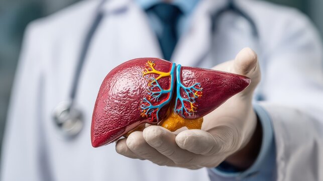 Physician with liver anatomy model addressing conditions like liver cancer jaundice viral hepatitis cirrhosis failure enlargement hepatic encephalopathy ascites and overall hea