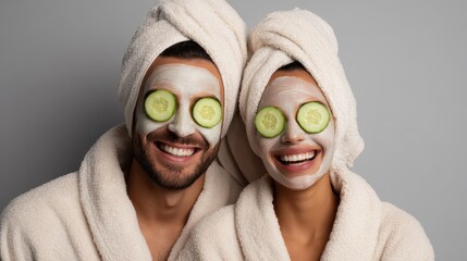 Couple enjoying a facial with cucumber for glowing skin and relaxation at a luxury spa featuring a joyful woman and a man with a fruit beauty mask for wellness and tranquility