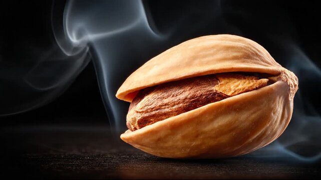 A shelled nut sits open, revealing its inner seed. Smoke swirls, with a dark background