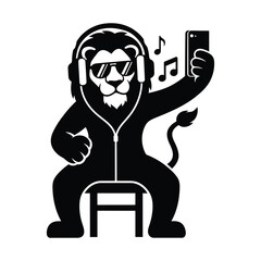 Stylized Lion Influencer Character Wearing Sunglasses and Over-Ear Headphones Taking a Selfie While Listening to Music - Vector Illustration