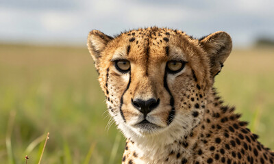 Obraz premium cheetah face piercing gaze set blurred background lush green grass warm sunlight soft overcast