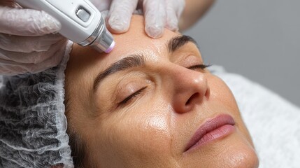 Naklejka premium Close up of a woman receiving laser skin treatment with a cosmetologist s hand positioned above her forehead Beauty theme