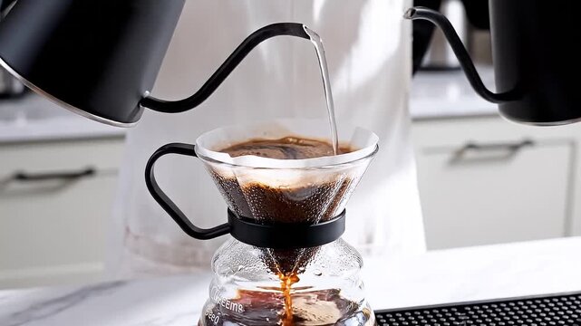 Barista pouring hot water from two black kettles into glass filter dripper making manual pour over coffee in bright kitchen with professional brewing equipment setup