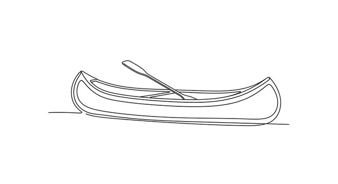 Single line art drawing of a canoe with a paddle on a white background