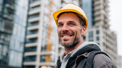 Fototapeta premium Joyful man builder and urban planner focused on construction management and site leadership Image of a male contractor or engineer smiling about professional architecture and aspirati