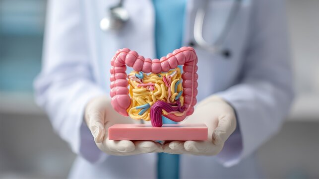 Physician with model of human colon illustrating colonic disorders and gastrointestinal health