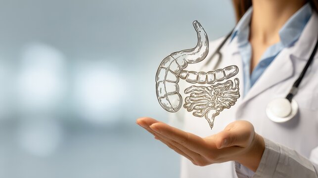 Woman physician with a virtual stomach illustration Beige human organ sketch space available on the right Healthcare service image