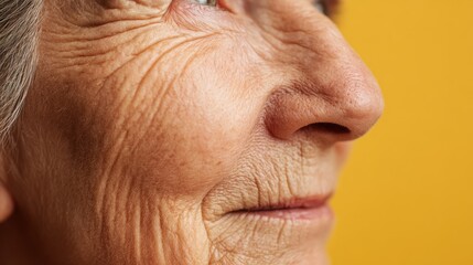 Fototapeta premium A detailed shot highlights an elderly woman s chin revealing wrinkles and skin detail while the warm yellow background underscores natural aging