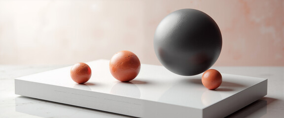 Geometric spheres in minimalist composition on white surface  