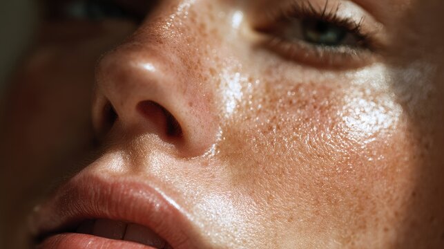 Close up of oily skin with large pores and shine highlighting texture and sebum Ideal for dermatology skincare or cosmetic purposes illuminated by natural sunlight