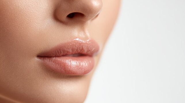 Close up shot of an idealized female face with a lovely nose full lips and defined cheekbones set against a white background Themes of beauty plastic surgery and facial enhance