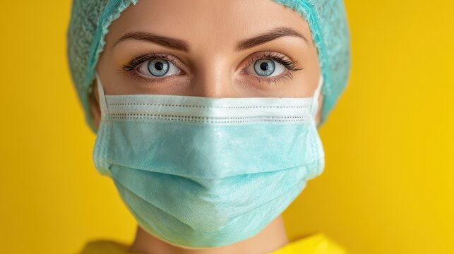 Image of a young female healthcare worker in a mask preparing to combat the COVID 19 pandemic against a yellow backdrop