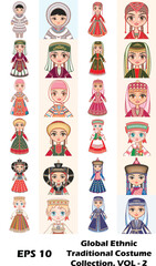 Global Ethnic Traditional Costume Collection VOL - 2. Vector Illustration of Dolls in Diverse Folk Dress, Including Inuit, Middle Eastern, Asian, and European Cultural Apparel