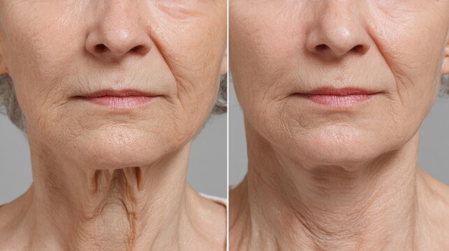 Bottom half of an older woman s face and neck shows signs of aging pre and post facelift Features include sagging skin wrinkles and creases Anti aging treatments