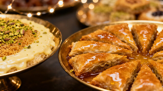 Close-up of traditional Middle Eastern baklava and honey sweets for Eid