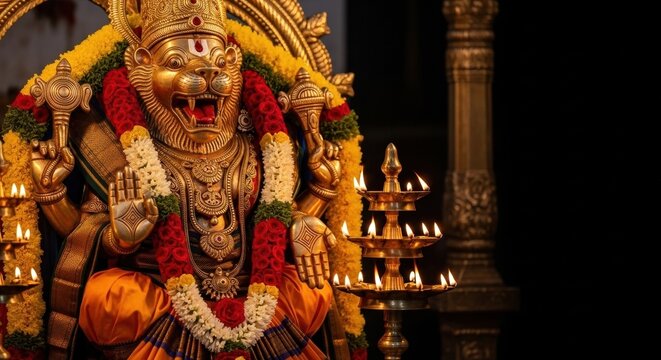 intricate narasimha statue adorned with flowers and lit lamps in a temple during festival