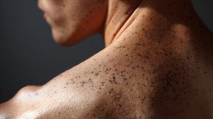 Naklejka premium Zoomed in view of a man s back showing moles freckles and birthmarks along with sun damage Checking for benign moles