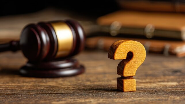 Zoomed in shot of a wooden question mark and gavel on a judge s table or lawyer s desk symbolizing law justice and legal services