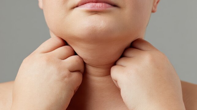 Depict fingers grasping sagging skin beneath the neck including a double chin loose neck and throat cellulite a theme of health and beauty