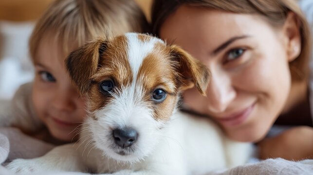 Joyful mother and daughter interact with their cute Jack Russell puppy in their bedroom Family scene with a puppy featuring a close up and empty background space