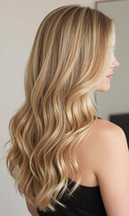 Naklejka premium woman profile behind showcasing long wavy shiny blonde hair cascading soft natural light