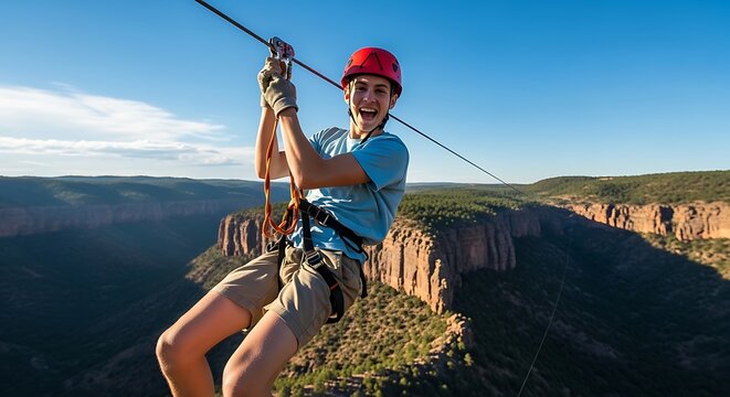 Woman Zip Lining on Cliff Edge.
