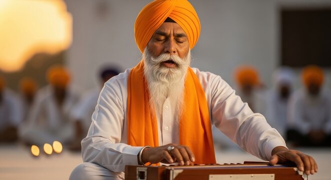 elderly sikh man playing harmonium at sunset in spiritual gathering with orange turban