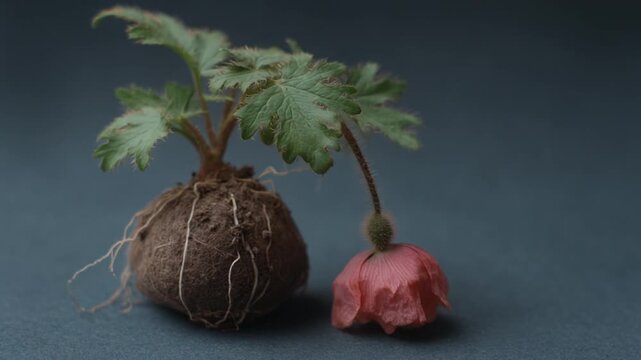 A small plant with green leaves, a dirt ball root structure, and a pink flower on a gray backdrop