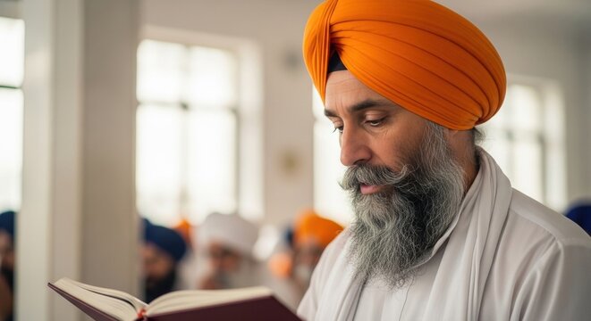sikh man reading religious book during prayer in temple with natural light and peaceful atmosphere