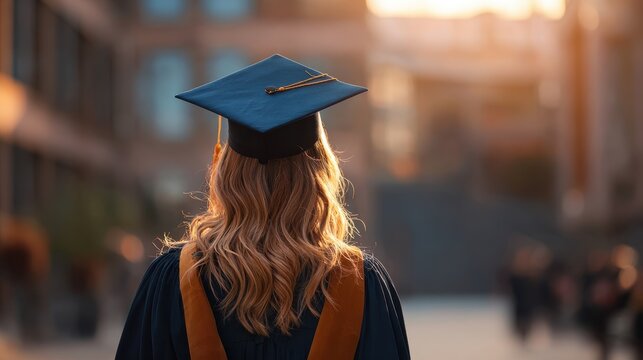 Rear view of female graduate on commencement day symbolizing educational success and equality studying abroad for advanced degrees with scholarship support