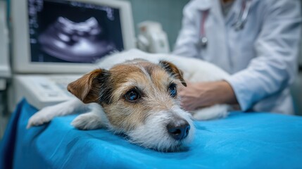 Dog undergoing abdominal ultrasound at veterinary clinic for health check tests and pregnancy assessment