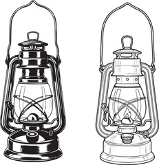 Vintage Kerosene Lantern Set Engraving Style Retro Light, Set of four vintage kerosene lanterns illustrated in different black and white graphic styles