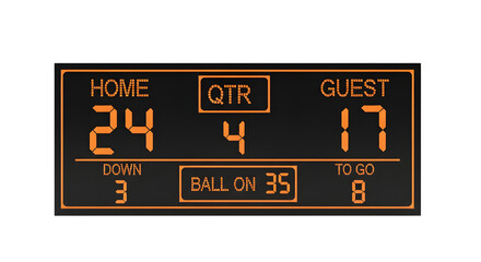 Fototapeta premium Digital football scoreboard displaying home team leading guest team in fourth quarter isolated on transparent background