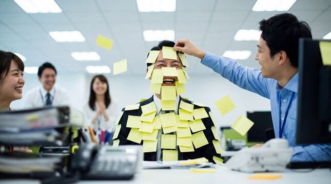 Playful office prank: man covered in sticky notes, laughing with colleagues