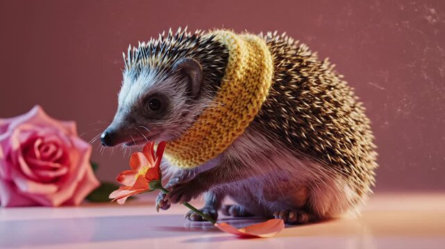 Hedgehog wearing knit scarf holds flower near pink rose on surface. Cute hedgehog with sweater holds daisy. Animal wearing scarf with flower. Hedgehog portrait with rose and knit sweater.