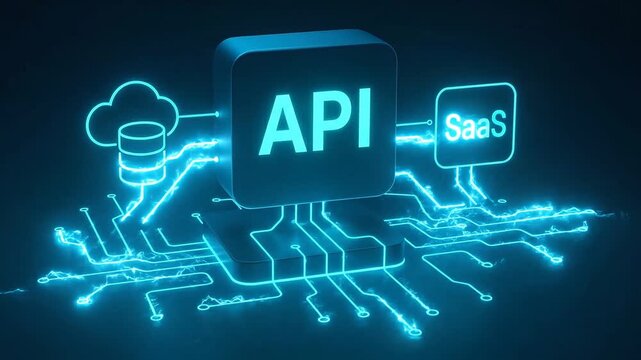 API Cloud Database SaaS Technology Digital Glowing Blue Futuristic Network Connection Integration Software Service Data Interface Innovation Modern Abstract Electric System Online Communication